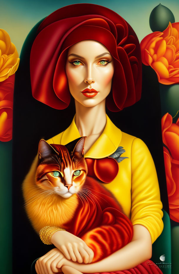 Stylized portrait of woman with red headwear and cat in floral setting