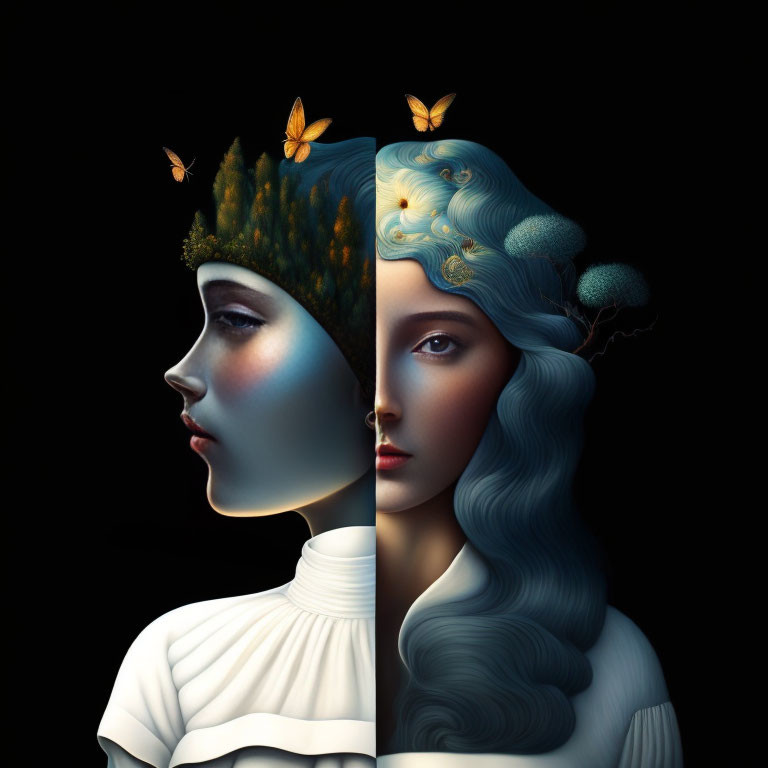 Stylized split portrait of autumn and winter women with thematic elements.