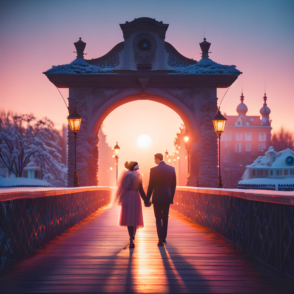 Couple holding hands on ornate bridge at sunset