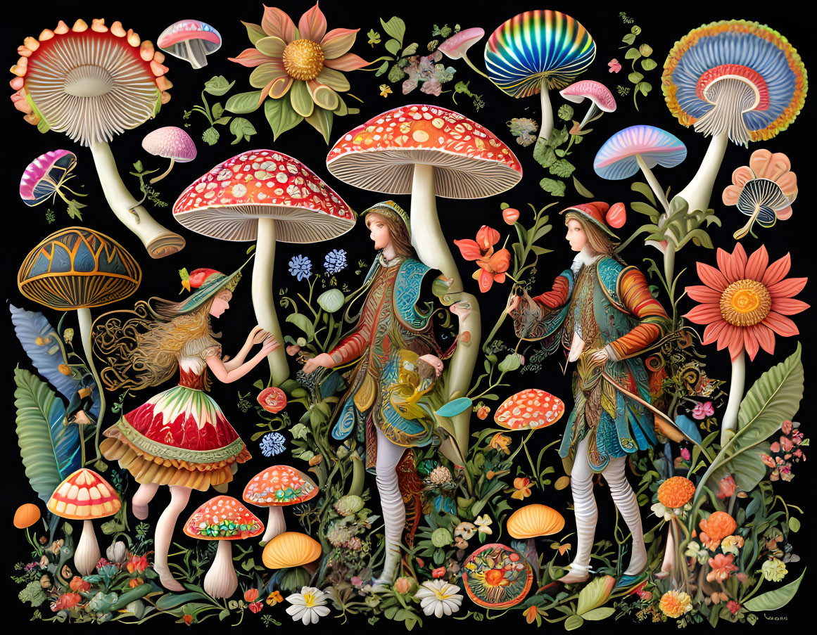 Colorful Illustration of Elaborately Dressed Figures in Fantasy Garden