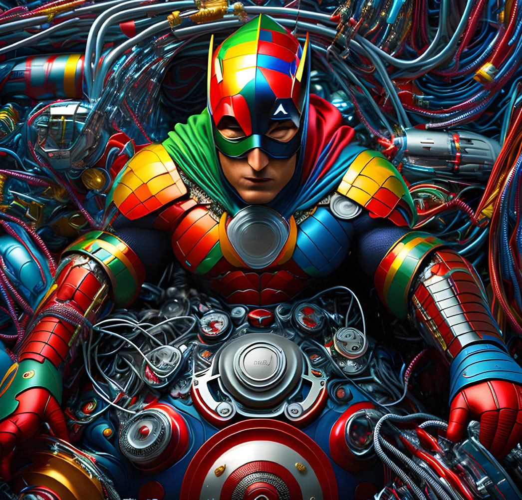 Colorful armored superhero with intricate mechanical details.