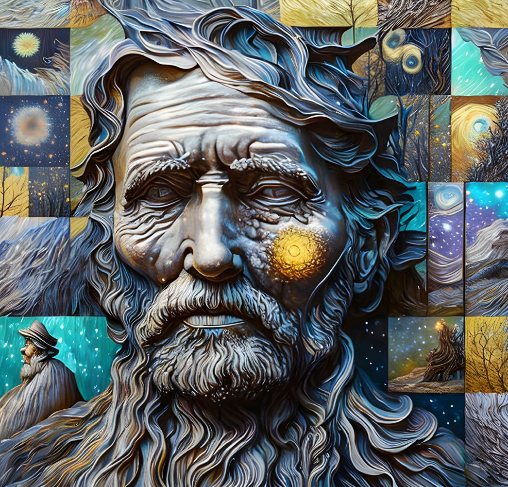 Mosaic artwork of older man with beard and celestial nature scenes