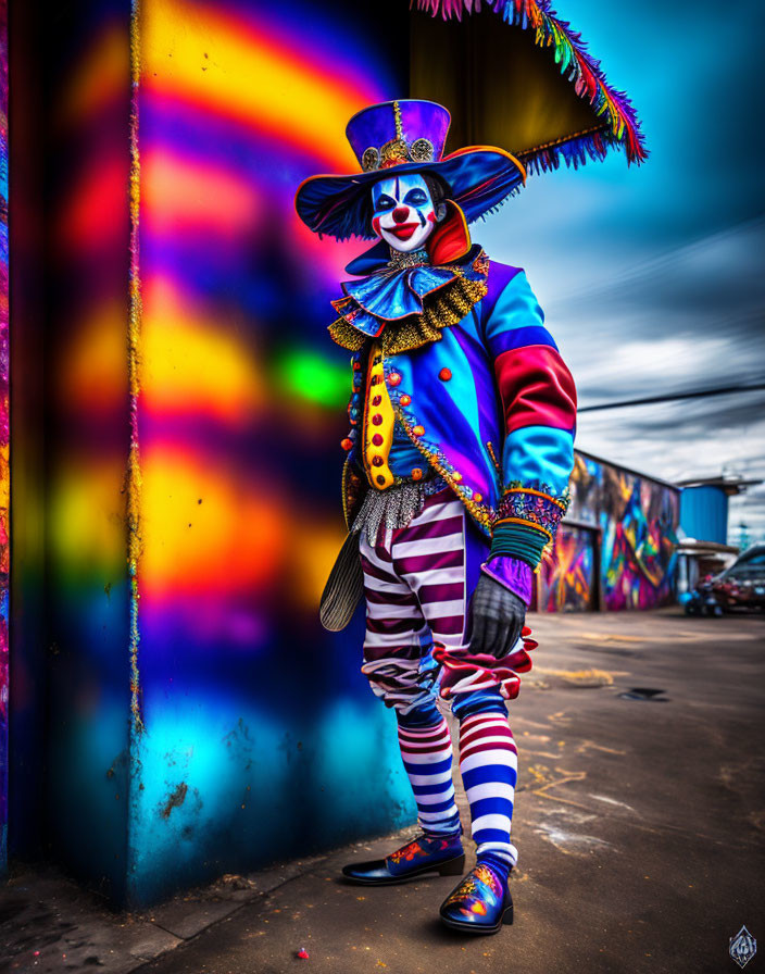 Colorful Clown in Vibrant Costume with Top Hat and Painted Face by Graffiti Wall