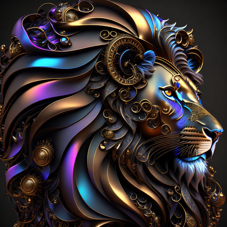 Ornate Lion Digital Art with Metallic Mane & Iridescent Colors