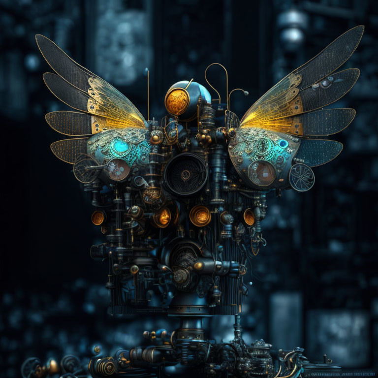 Steampunk mechanical butterfly with metallic wings on dark background