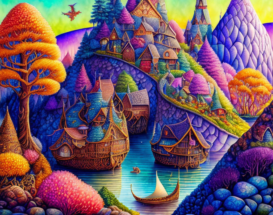 Colorful Fantasy Landscape with Thatched Roof Houses on Water