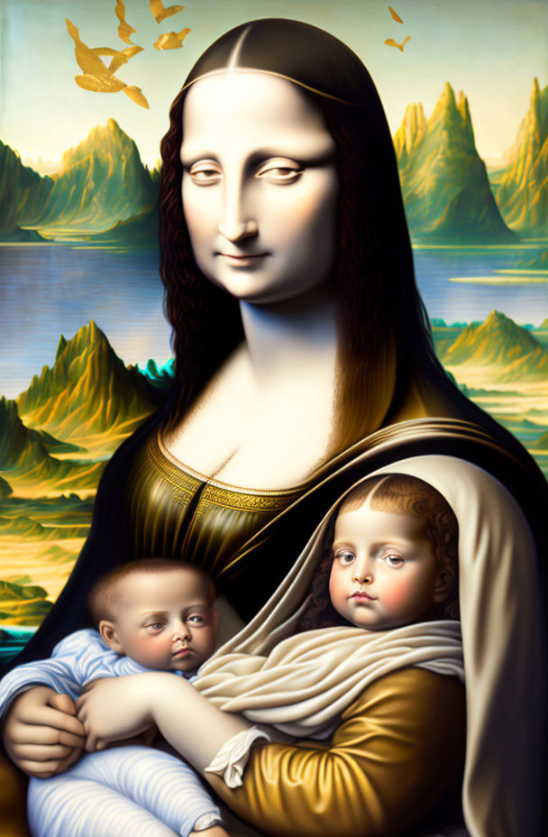 Stylized reinterpretation of Mona Lisa with serene woman, infants, mountains, lake, surreal glossy