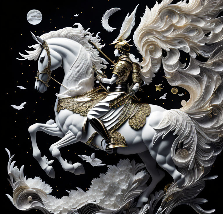 Armored knight on white horse under crescent moon