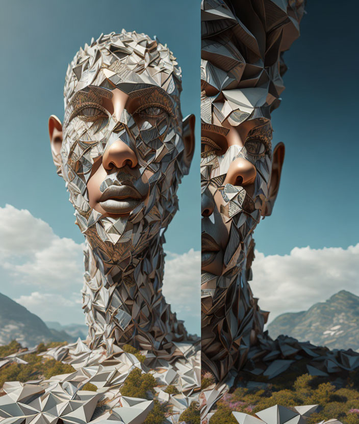 Geometric Human Face Sculpture in Mountain Landscape