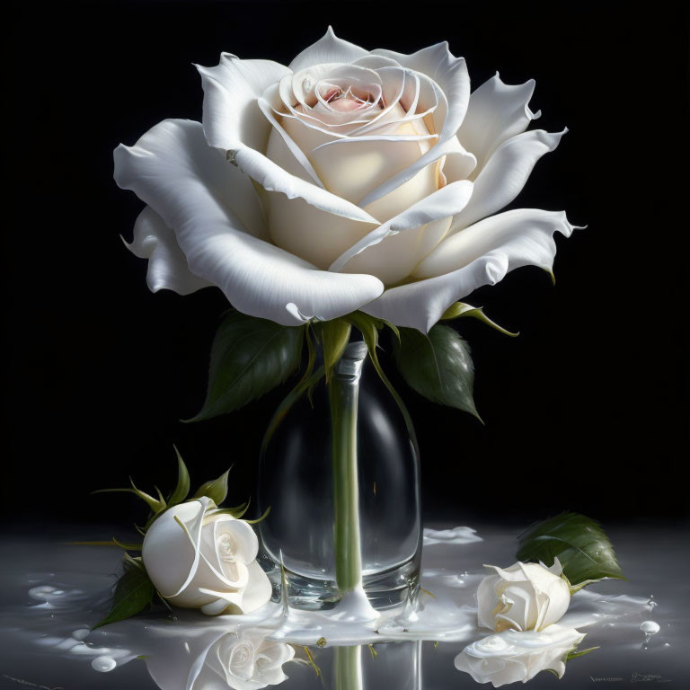 White Rose, Small Rose, and Bud in Clear Vase with Water Droplets