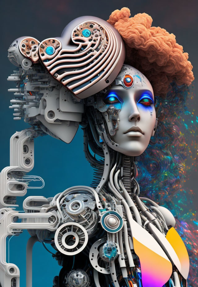 Detailed image: Robot with human-like face, intricate mechanical parts, vibrant orange hair.