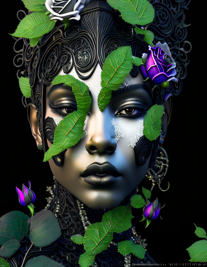 Digital artwork of woman with dark blue skin and intricate headgear, adorned with green leaves and purple flowers