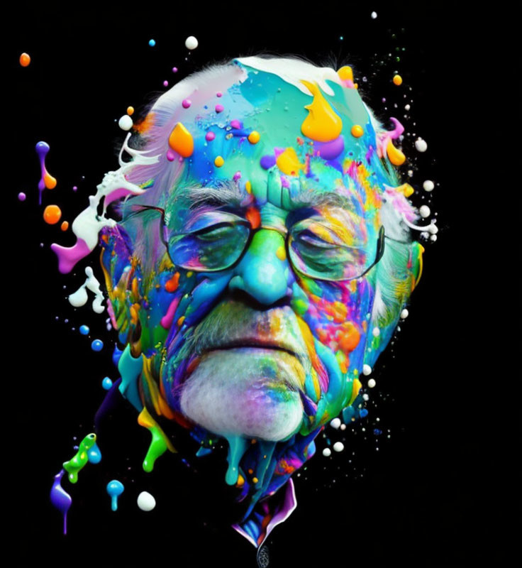 Elderly man's face blends with colorful paint splatters