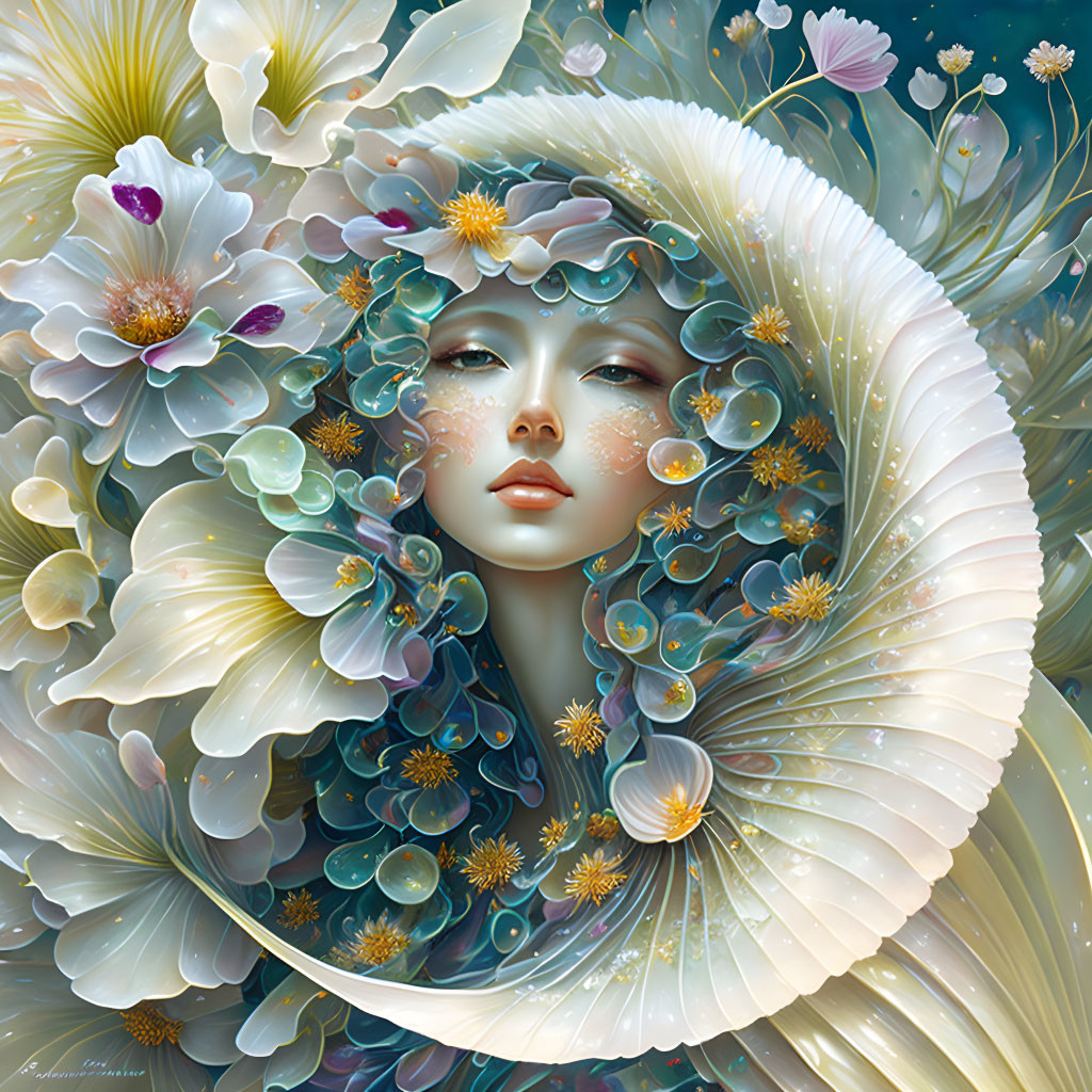 Surreal female portrait with flora and aquatic elements in blue-green palette