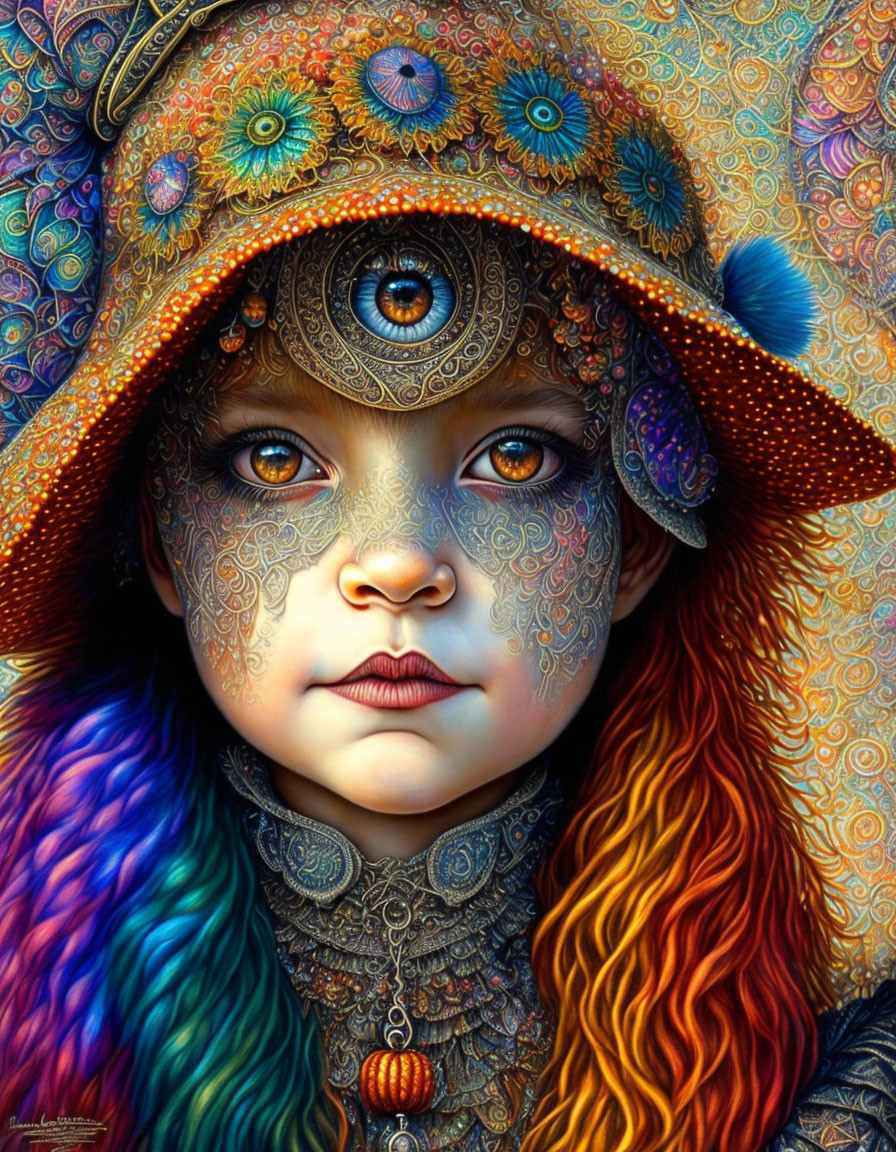 Colorful child digital art with patterned cap and intricate face designs