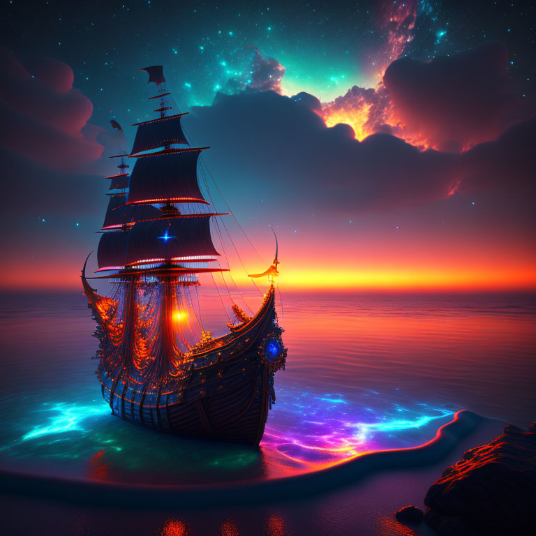 Illuminated sailing ship on tranquil sea at dusk with colorful nebula and bioluminescent waves