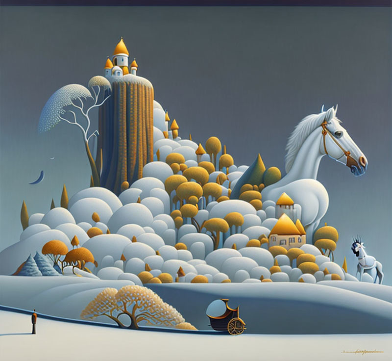 Whimsical surreal landscape with white horse, stylized trees, and castles under crescent moon