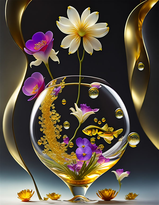 Surreal digital art: glass with flowers, goldfish, bubbles, ribbons, and flowers