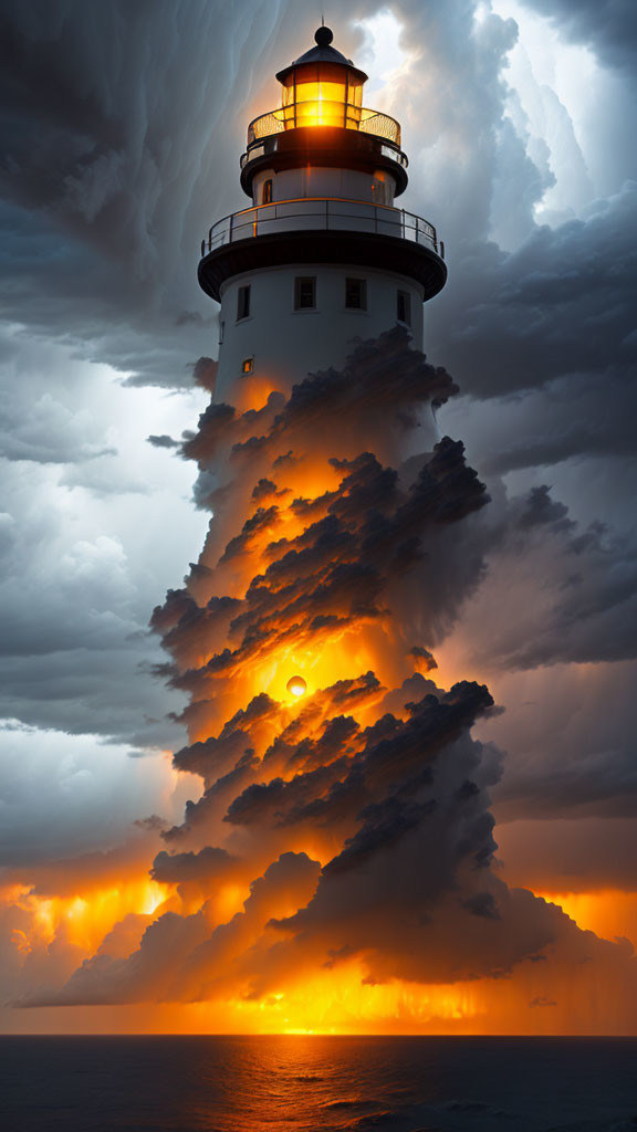 Lighthouse on cloud-like structures under dramatic sunset sky