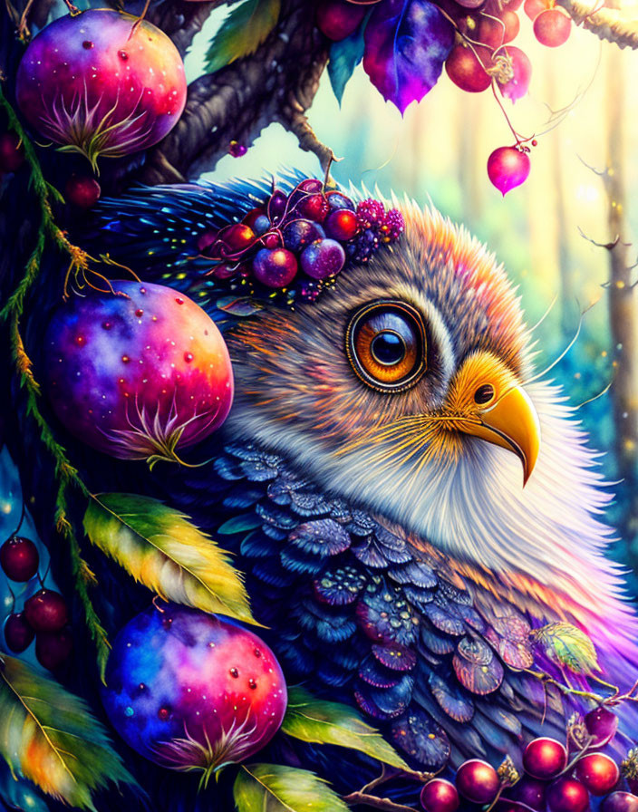 Colorful Fantastical Bird Illustration Among Foliage and Fruit