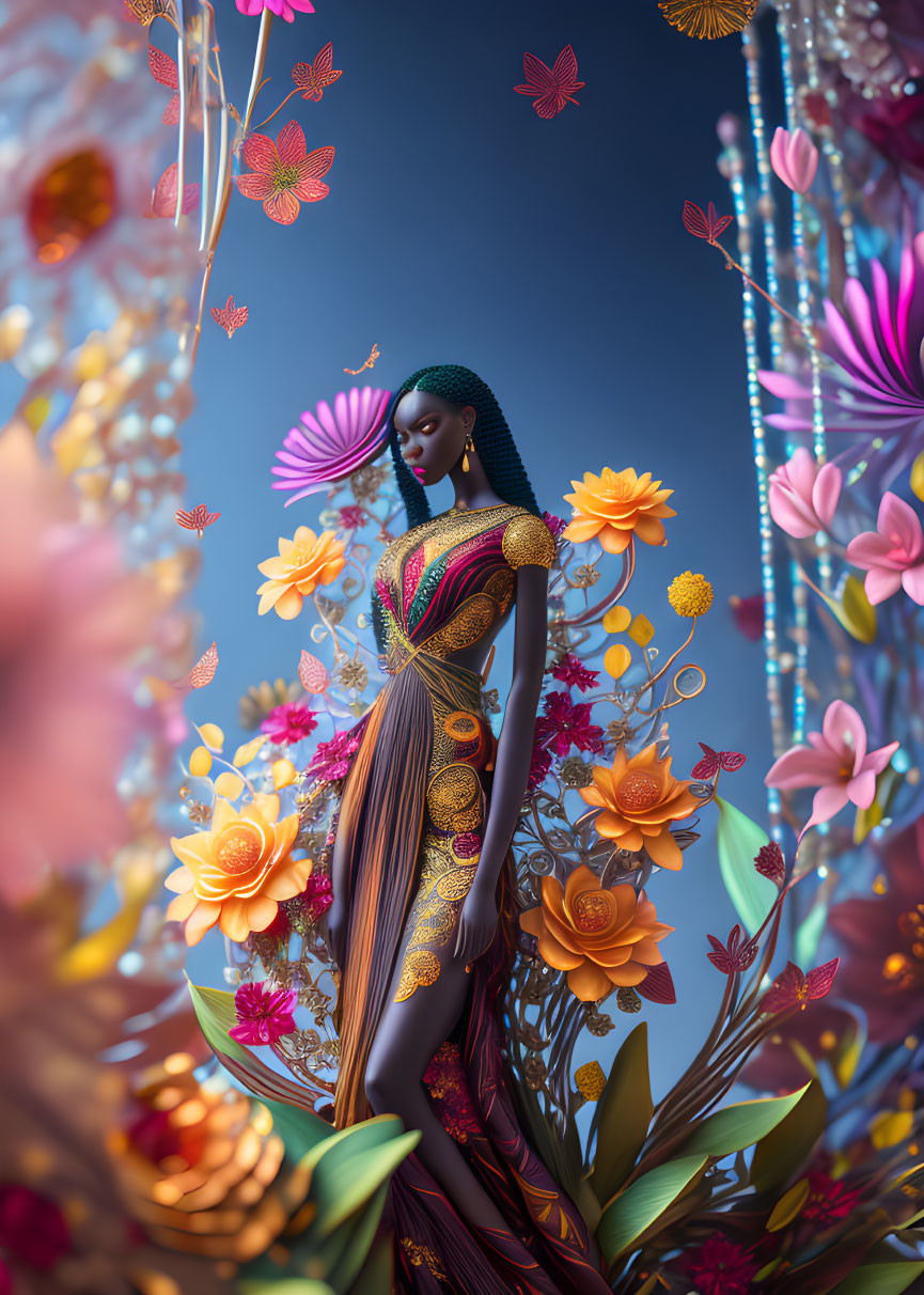 Colorful Stylized Illustration of Woman with Flowers and Butterflies