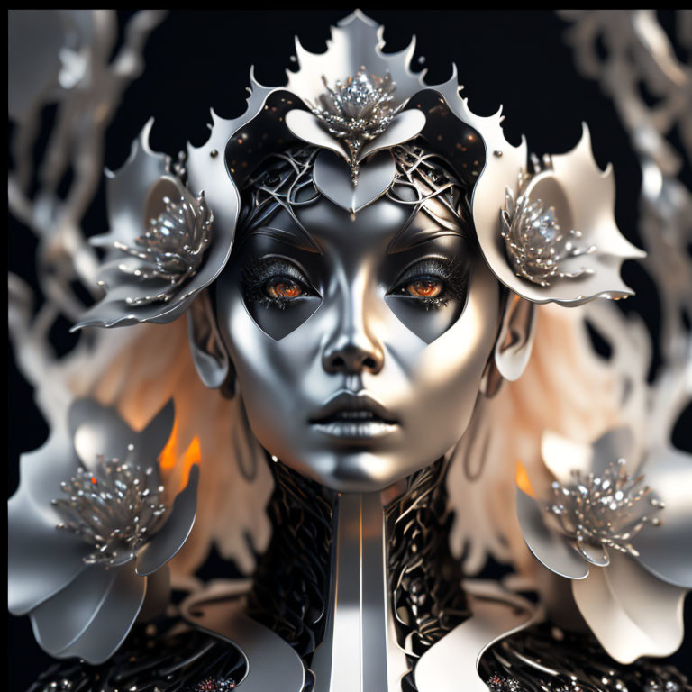 Fantasy-themed digital art portrait with floral metallic ornaments