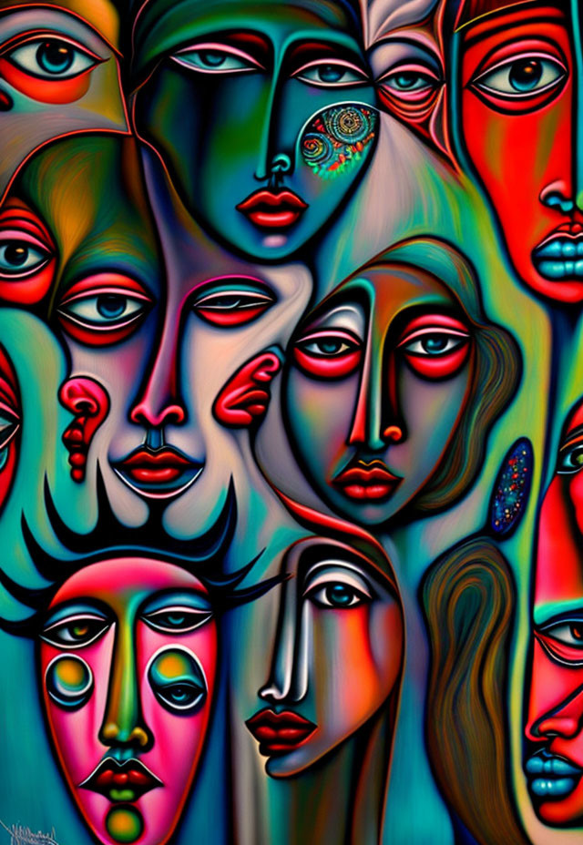 Vibrant abstract painting: Overlapping face profiles with surreal features.