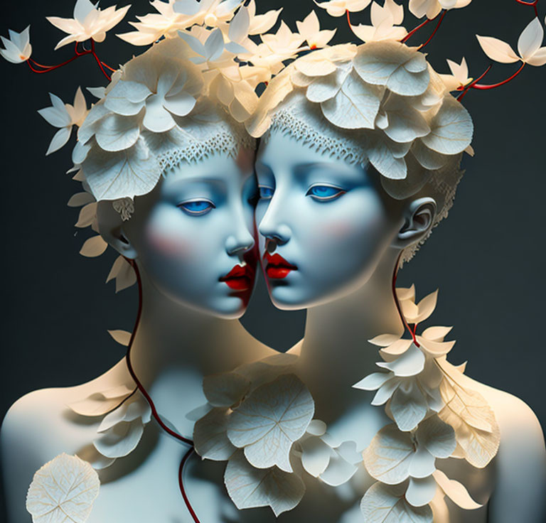 Identical figures with leaf-like adornments in digital art