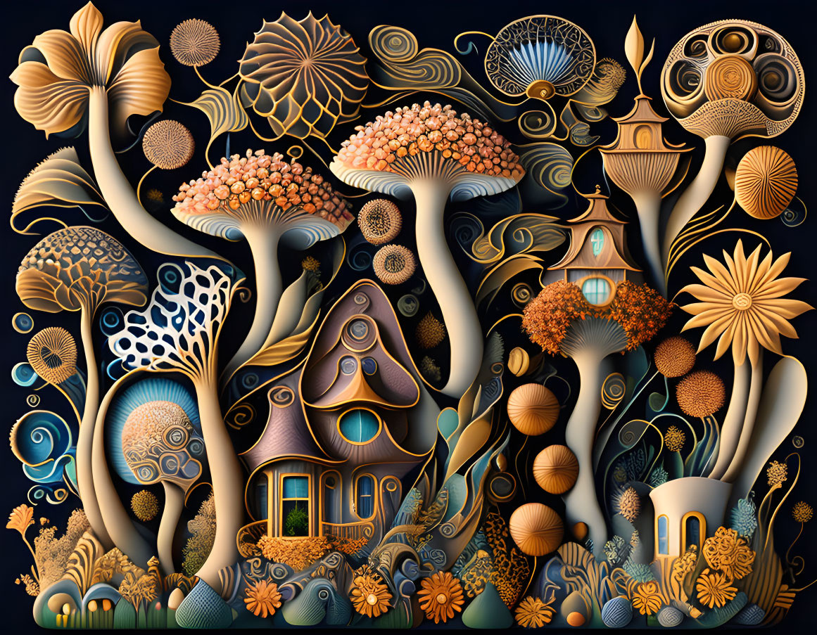 Surreal mushroom houses in fantastical illustration