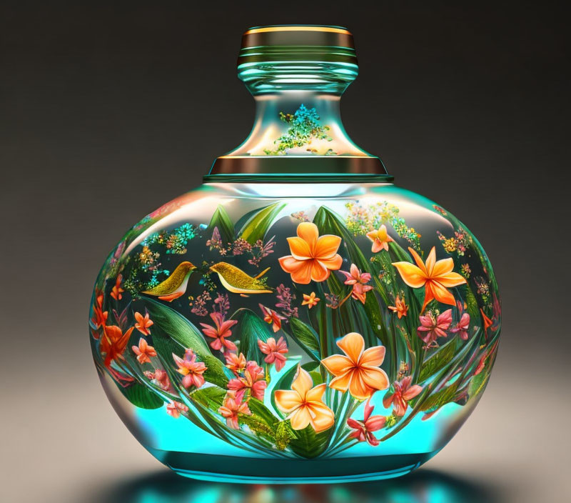 Vibrant Floral and Hummingbird Design Glass Vase on Gradient Background