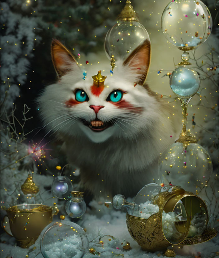 Fantastical white cat with turquoise eyes in magical winter scene