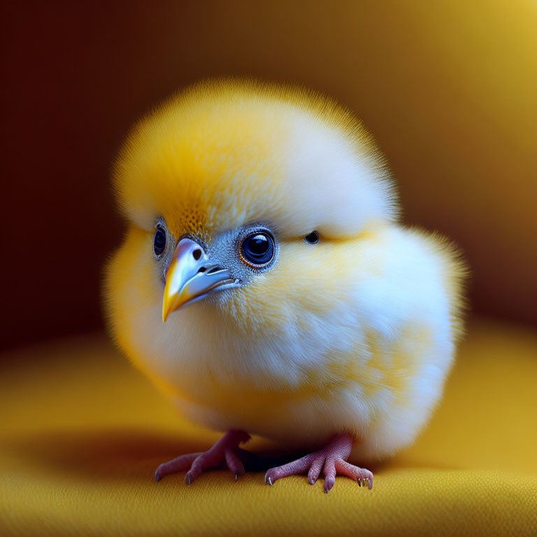 Fluffy yellow chick with cartoonish large head and eyes on yellow background