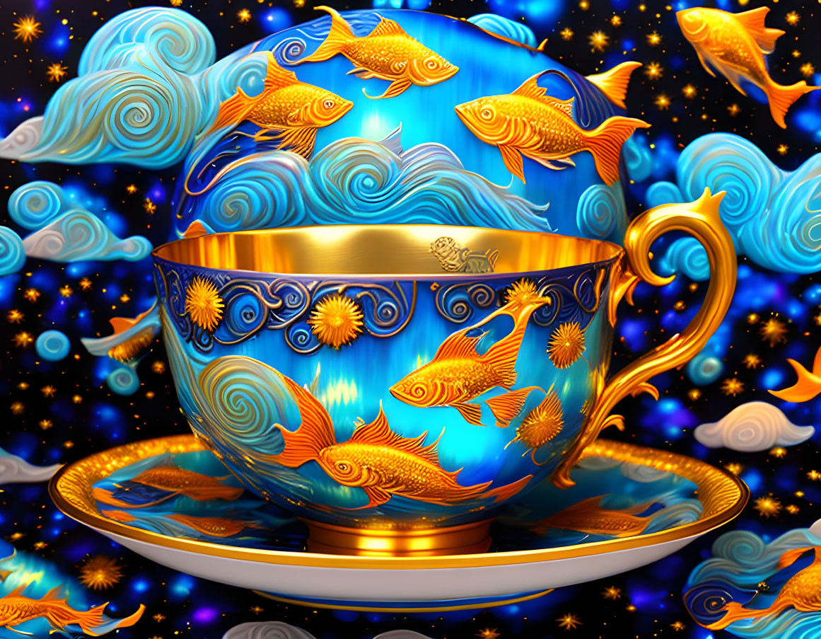 Golden ornate teacup with fish motifs on Van Gogh-inspired starry background