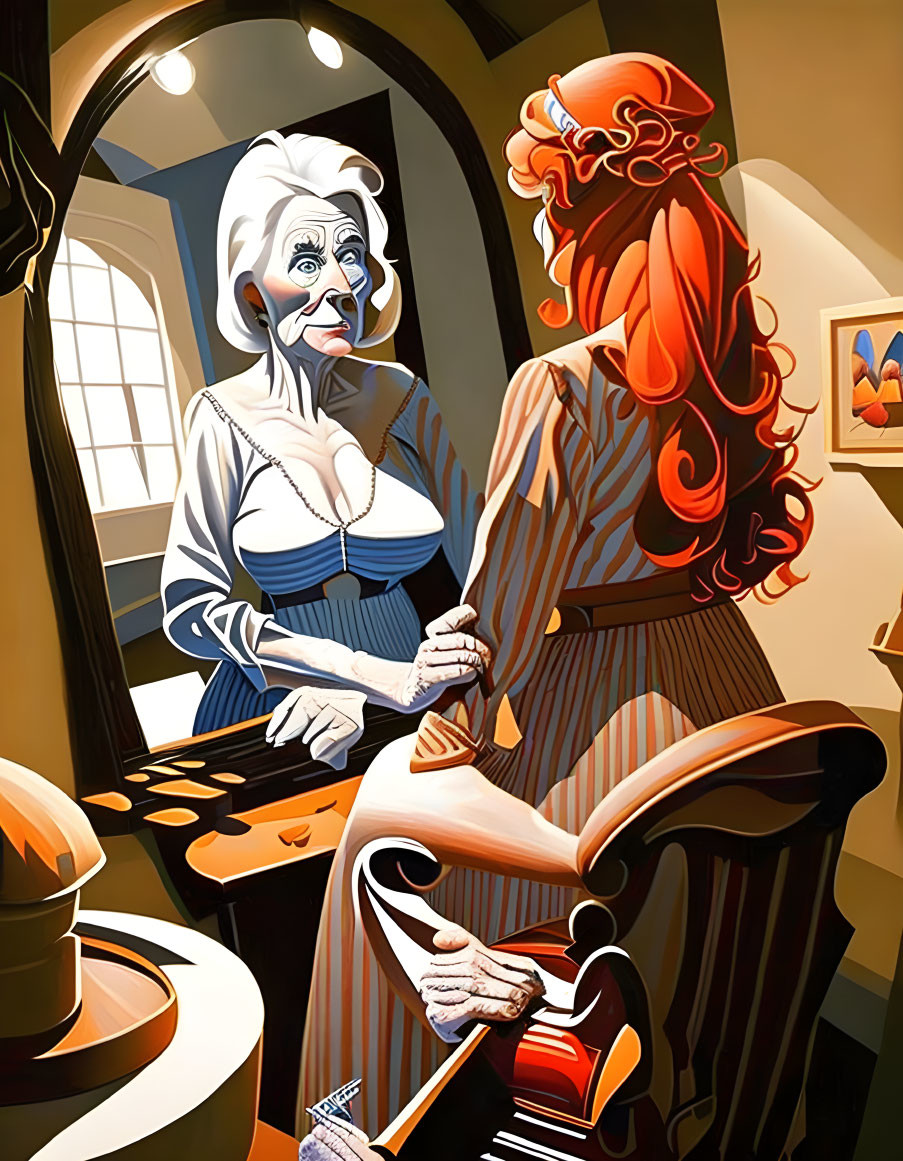 Illustration: Two women in stylized room with strong light-shadow contrast