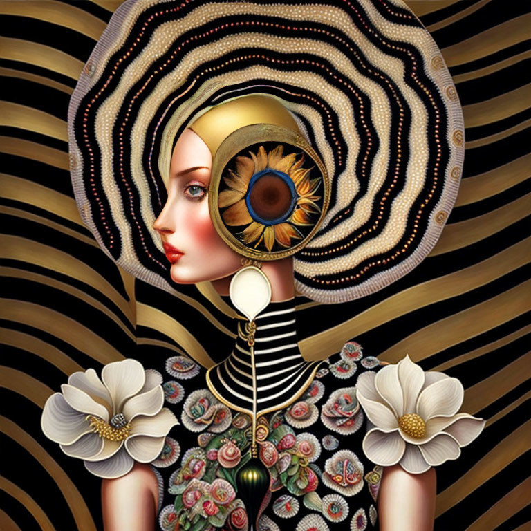 Illustration of woman with stylized eye on golden headdress, floral dress.