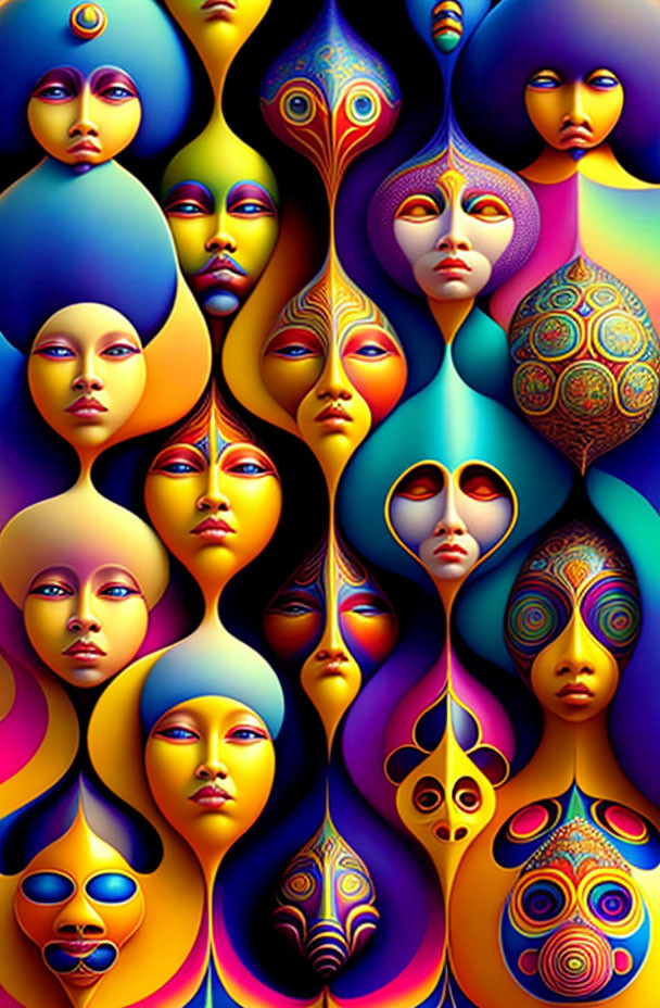 Colorful surreal faces in elongated forms with expressive eyes