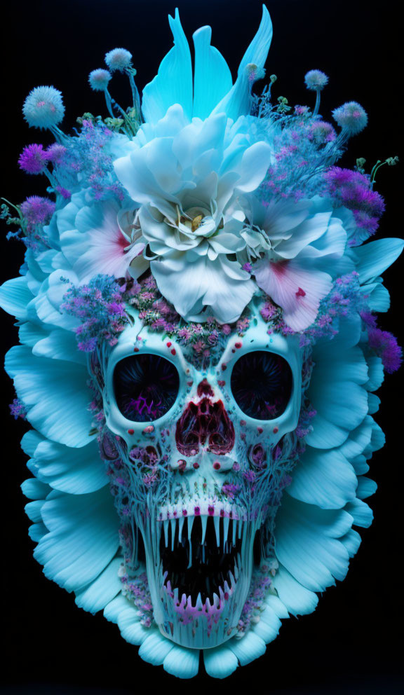 Colorful Flower and Feather Skull Art in Blue Tones