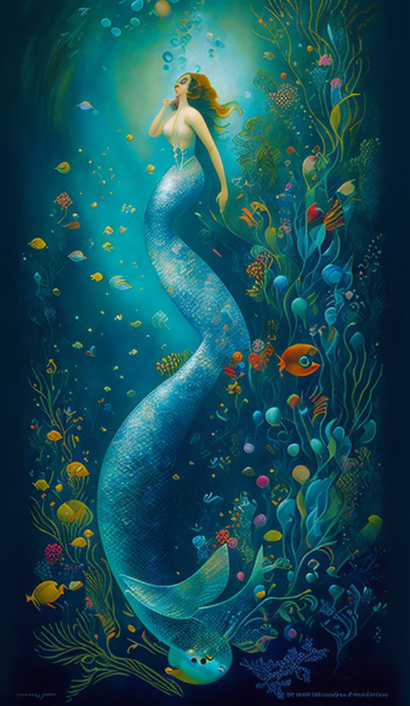 Mermaid with Long Flowing Hair Swimming Among Colorful Underwater Life