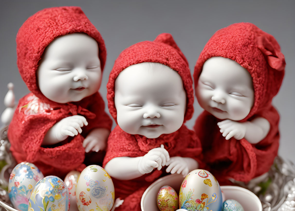 Three Baby Figurines in Red Hats with Easter Eggs