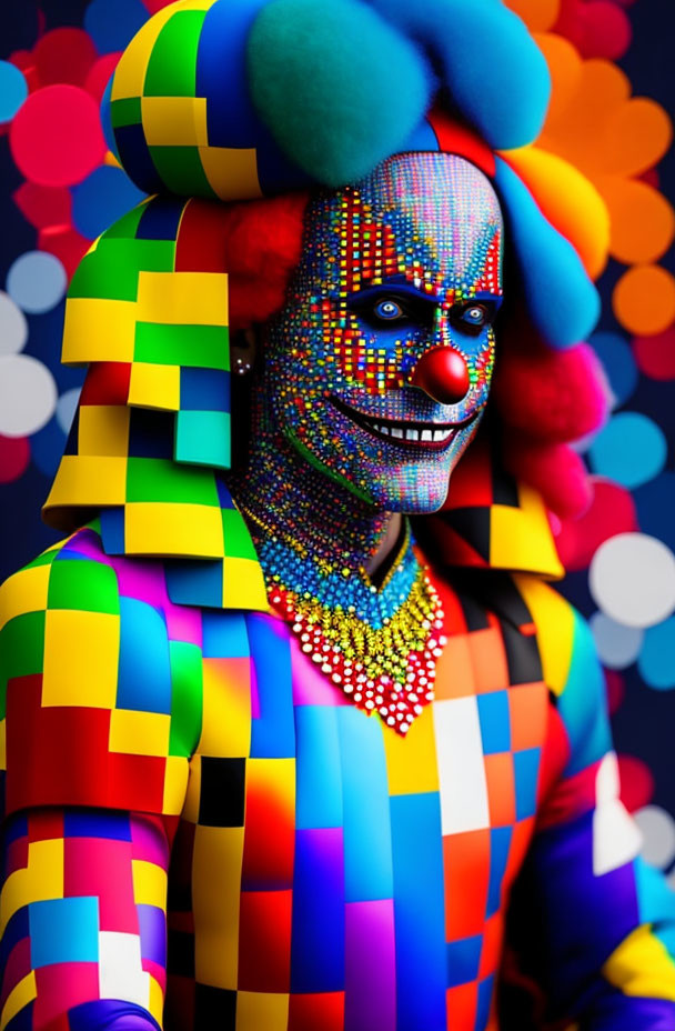 Colorful Clown with Checkered Outfit and Painted Face