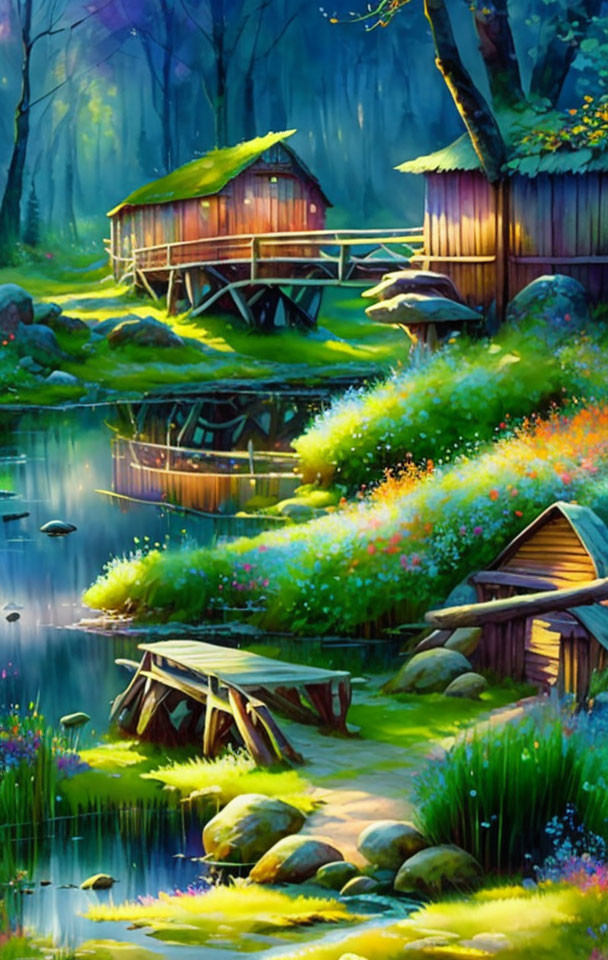 Tranquil pond with wooden cabins, stone path, colorful flowers, and lush greenery