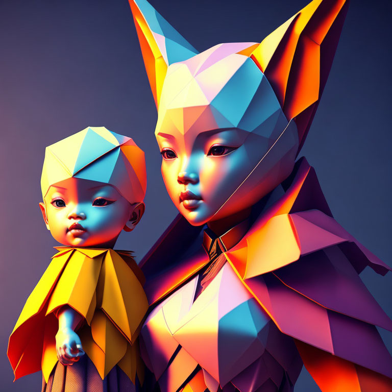 Stylized polygonal humanoid figures with fox-like features in orange, blue, and yellow on purple