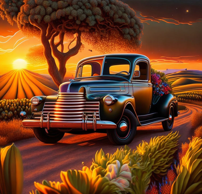 Vintage Car on Countryside Road at Sunset with Colorful Fields