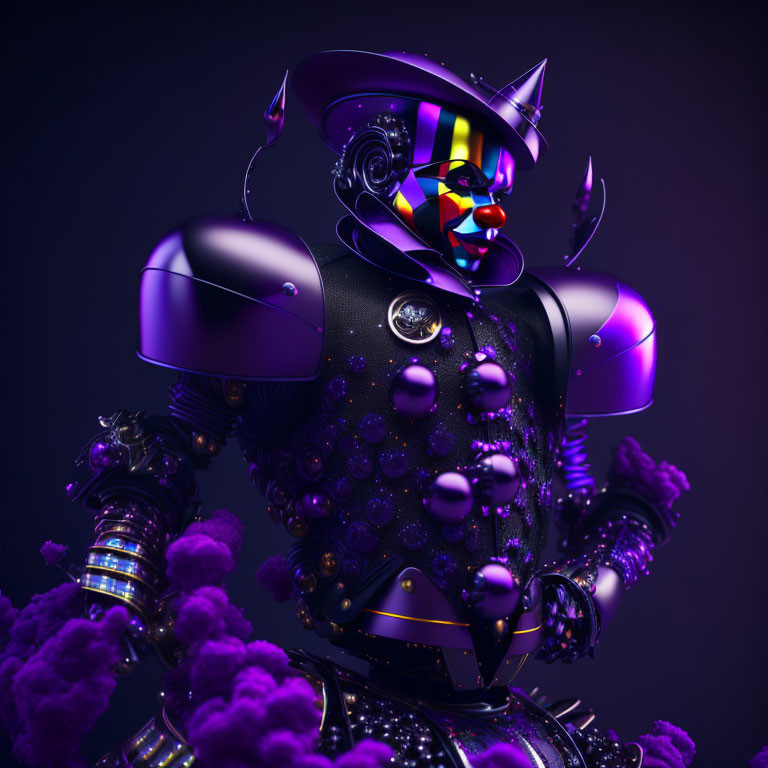 Colorful futuristic jester robot in 3D art with black body and purple accents