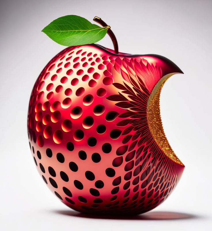 Digital artwork: Red apple with golden interior pattern, green leaf & stem