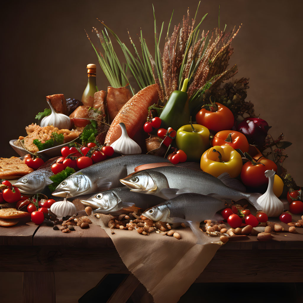 Fresh fish, vegetables, herbs, nuts, and a bottle on a wooden table with draped cloth