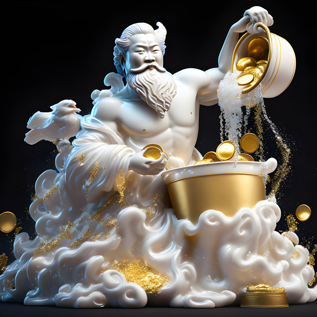 Mythical figure pouring gold coins with dove and clouds on dark background