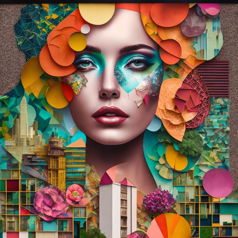 Colorful digital collage of woman's face with bold makeup and urban skyline.