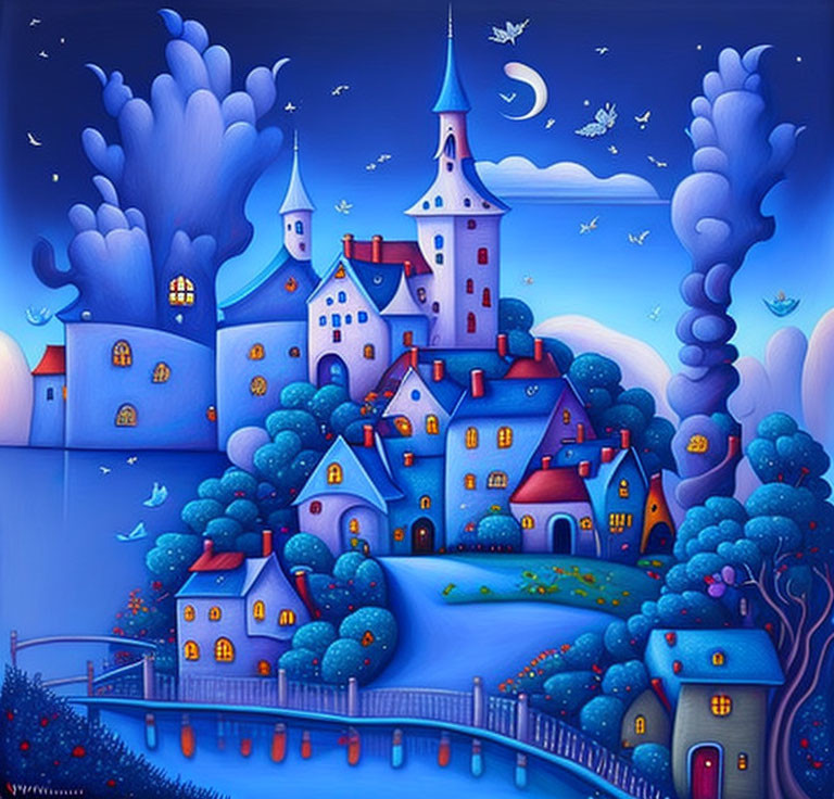 Vibrant blue-toned fantasy village with turreted buildings and starry sky