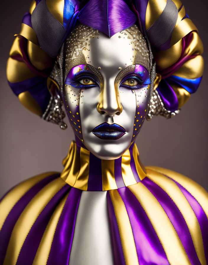 Portrait of a person with metallic gold and purple makeup and elegant headwear on grey background